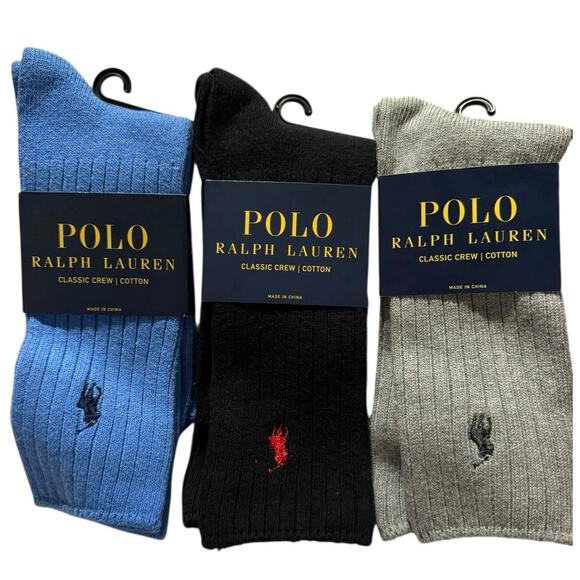 Polo Ralph Lauren Men’s Classic Crew Cotton Socks Bundle 3 Pack Black Blue Gray - Picture 1 of 8